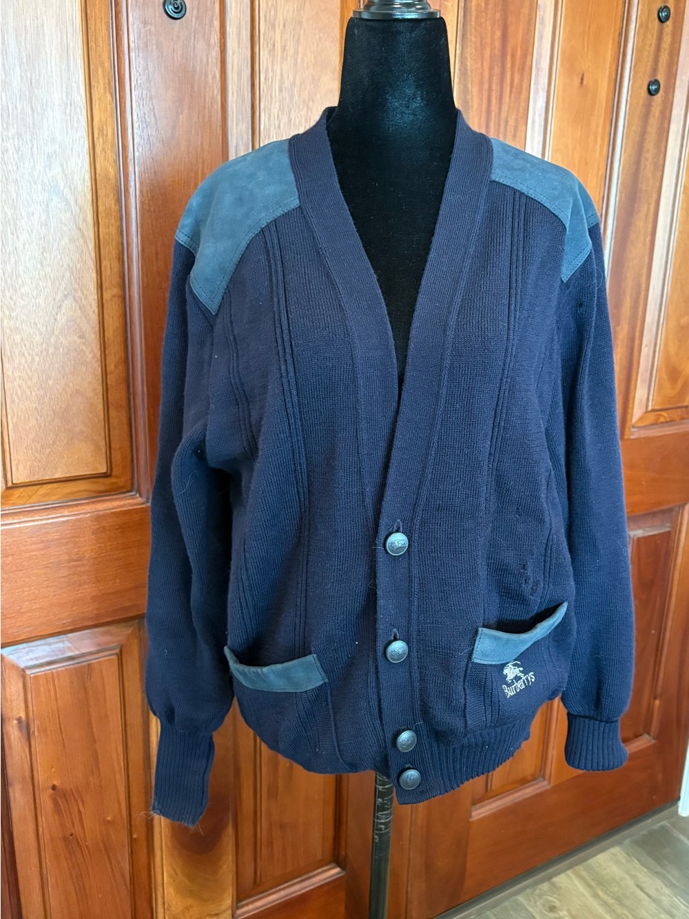 Vintage Burberrys 100% Navy Wool Suede Patches Trim Cardigan S Project Piece